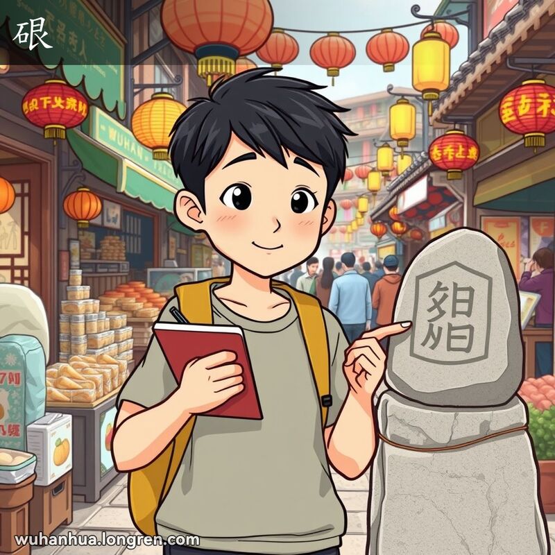一位年轻的武汉市民在市场中漫步，手持笔记本和笔，指着石头上的显著标记，背景是热闹的市场摊位和灯笼