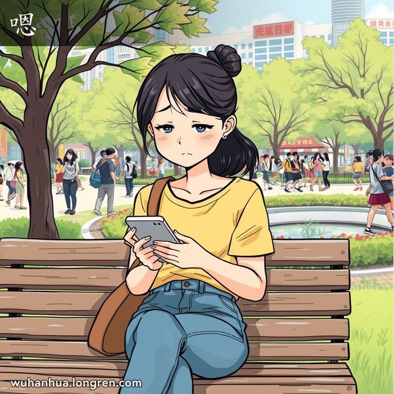 一位年轻的武汉女子坐在公园长椅上，低头看着手机，神情略显不耐烦，背景是生机勃勃的公园景象