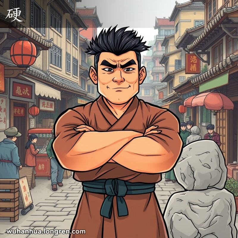 一位武汉男子站在老街景中，双臂交叉，面露坚毅和执拗的表情，背景有坚硬的木板和石头