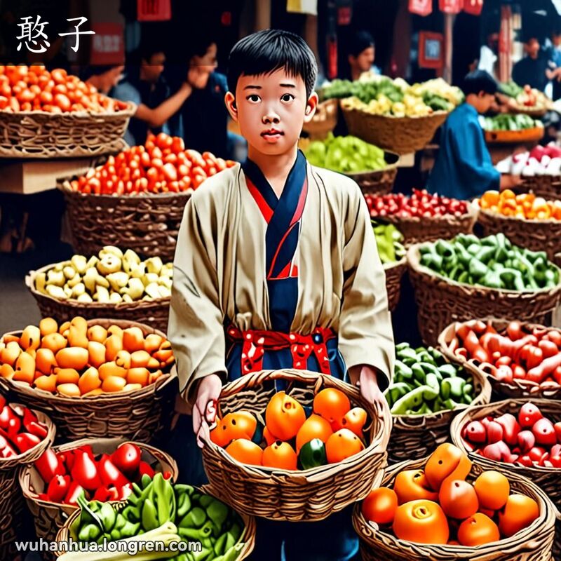 一位圆脸小男孩在武汉市场中拎着沉重的蔬菜篮，脸上露出困惑和挫败的表情，象征着“憨子”的形象。