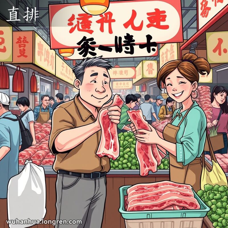 一位中年男子在武汉本地市场的排骨摊前仔细挑选排骨，摊主微笑着举起一块肉，背景是忙碌的市场摊位和顾客。