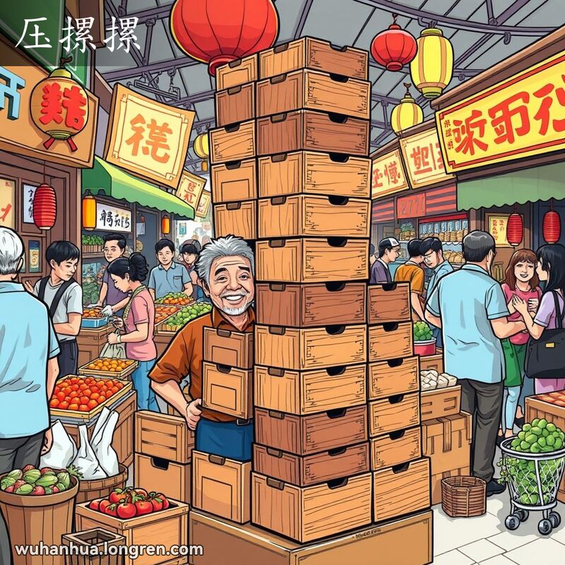 武汉市场中，一个摊位上整齐堆叠的木箱，摊主微笑展示商品，背景是忙碌的市场场景。