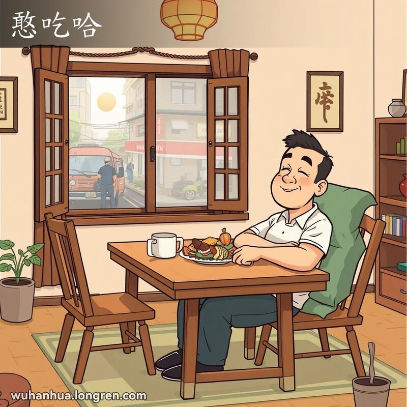 一位武汉男子在家中餐桌前，吃饱后露出满足而困倦的表情，准备小憩，背景是温馨的家庭场景和热闹的街景