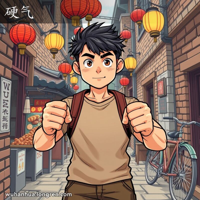 一位坚定的武汉青年站在传统巷子里，背景是老砖墙和挂着的灯笼，他穿着休闲服装，表情坚毅，站姿挺拔，拳头紧握，展现出强烈的意志和决心，不甘示弱。