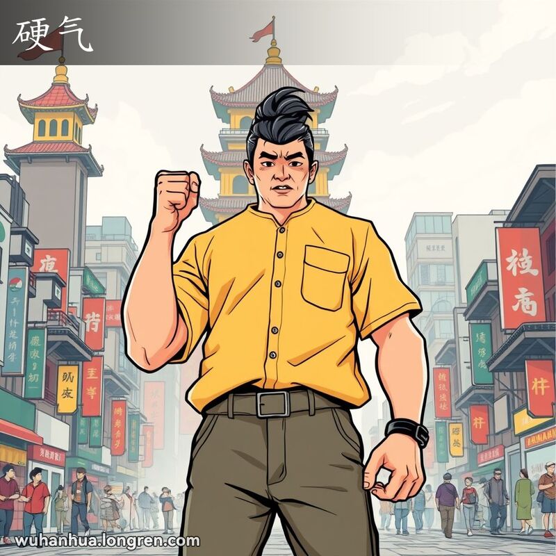 一位武汉男子站在黄鹤楼和街道前，握紧拳头，面露坚定表情，体现“硬气”的精神