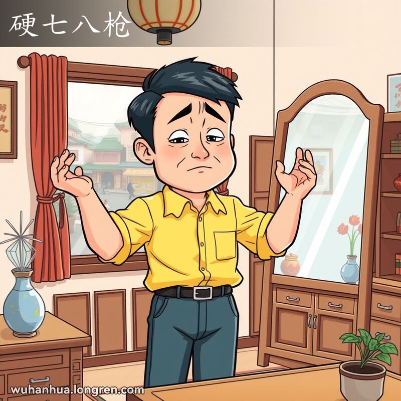 一位武汉男子在镜子前试穿硬邦邦的新衬衫，显得很不舒服，背景是武汉家庭场景