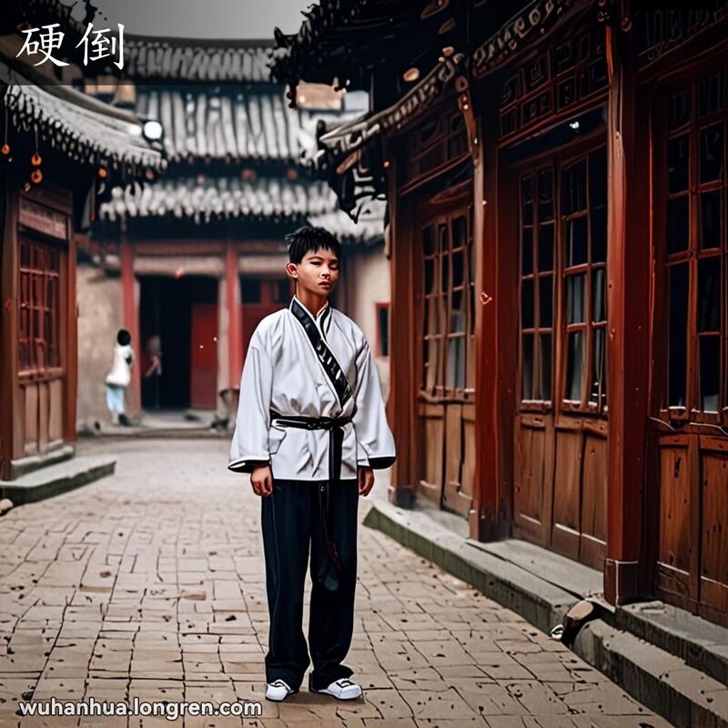 一位武汉年轻人在庭院中挺直腰部，表情吃力，背景是老式建筑和小花园