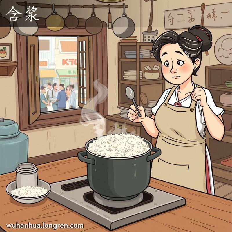 一位中年妇女在传统武汉厨房中检查未煮熟的米饭，背景是温馨的老式厨房和窗外的武汉街景