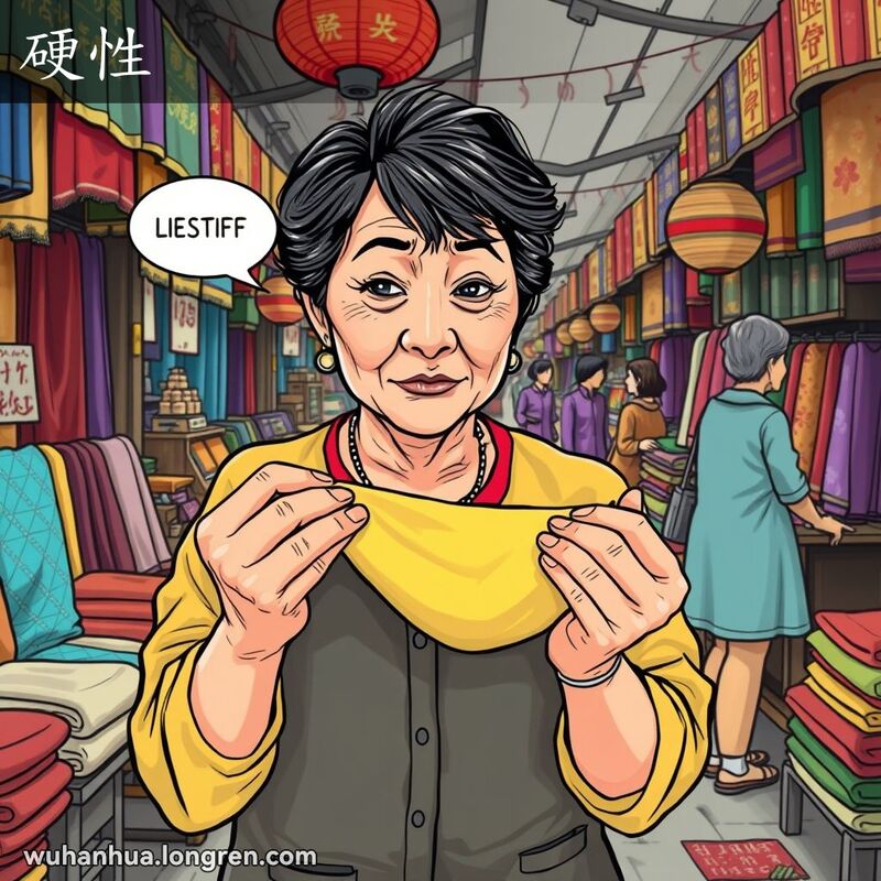 一位武汉妇女在布料市场手持硬挺布料，面露疑惑，背景是热闹的市场