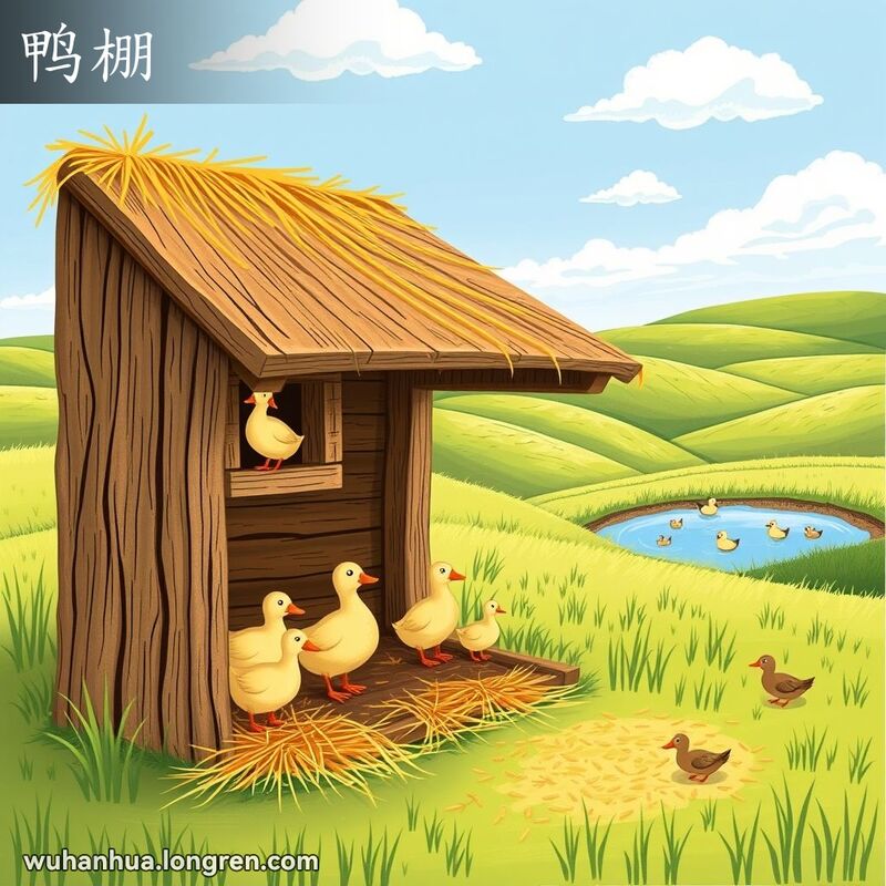 一个传统的乡村鸭棚，几只鸭子在棚内走动，背景是宁静的乡村风光和小池塘。
