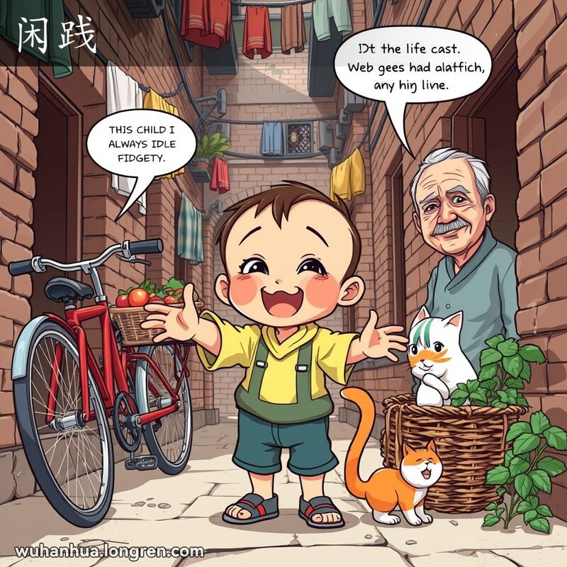 一个调皮的孩子在武汉老巷子里乱动手，背景有老人带着有趣和不满的表情