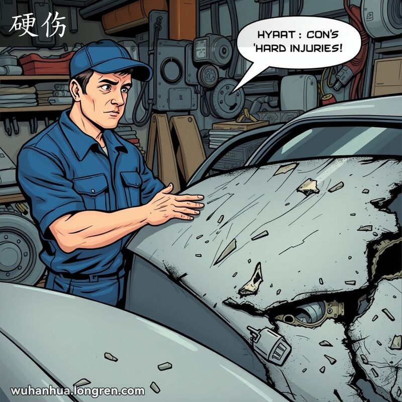 一位身穿蓝色工作服的男子在车库中检查一辆受损的汽车，车身上有明显的划痕和凹陷，展示了机械损伤。