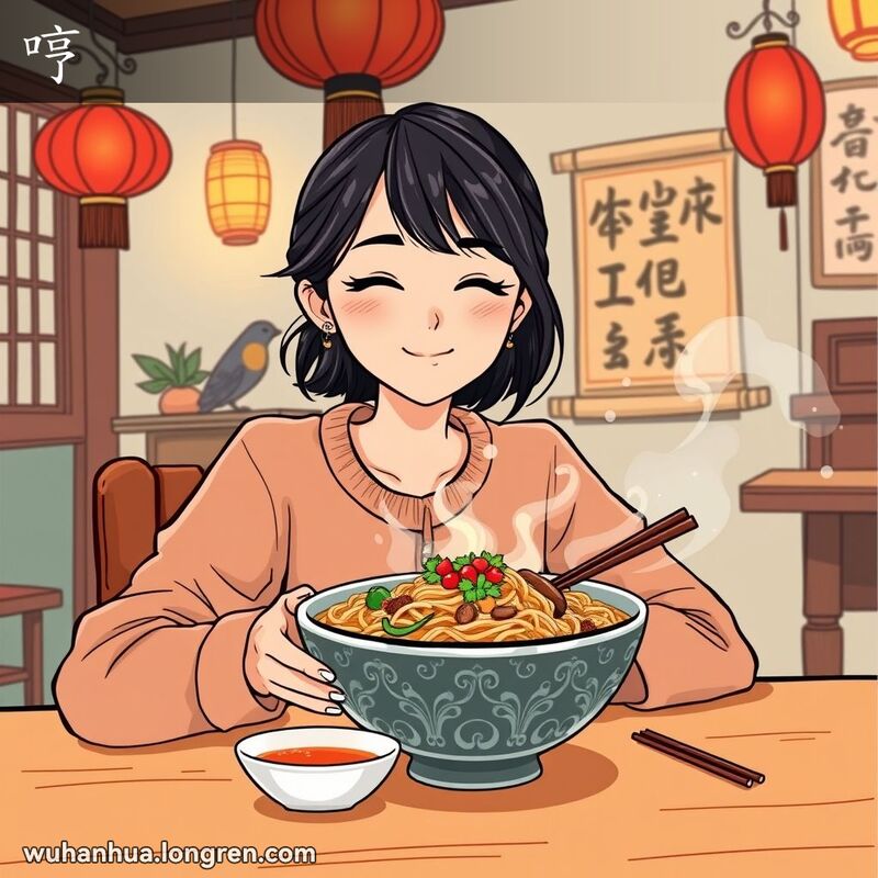 一位年轻的武汉女子坐在餐桌前，面前摆放着一碗冒着热气的面条，她的表情略带得意和满足，背景是温馨的家庭环境
