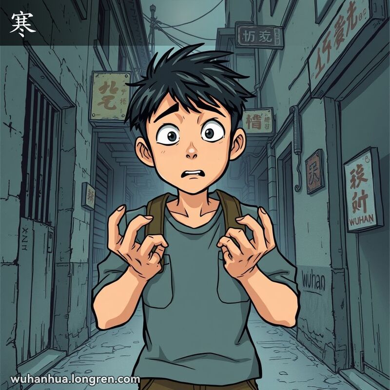 一位年轻的武汉男子站在昏暗的巷子里，表情紧张，眼神惊恐，双手微微颤抖，背景是旧式的武汉街道