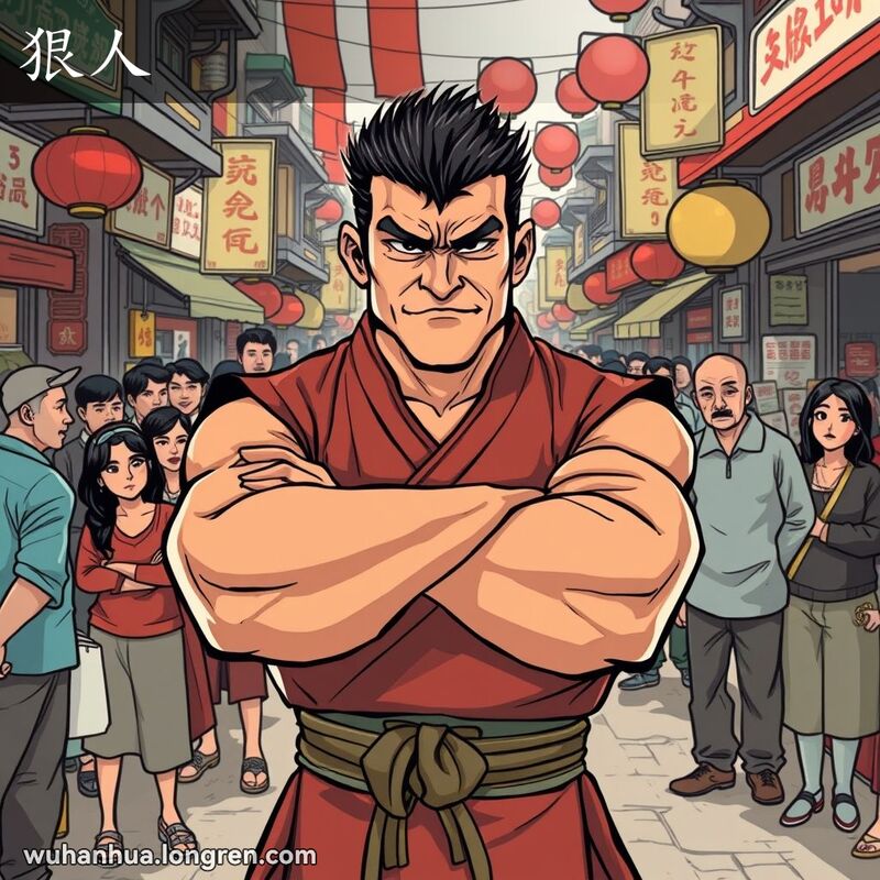 一位穿着武术服装的男子自信地站立，背景是繁忙的武汉街市，人们对他既敬畏又尊重