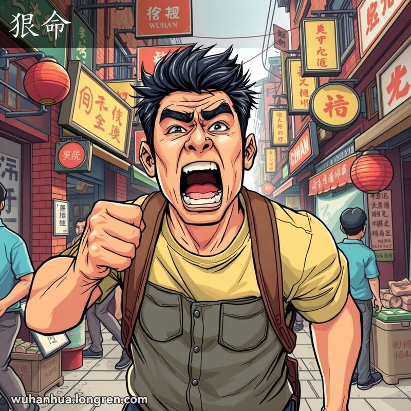 一位武汉男子在街头市场中用尽全力大声喊叫，展现“狠命”的表情和动作，背景是武汉老街景