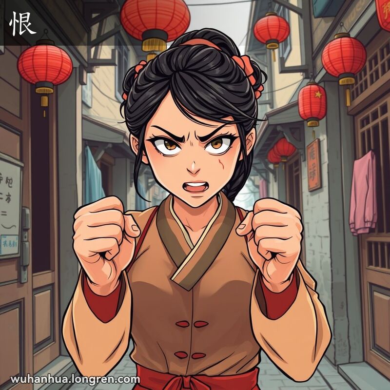 一位武汉女子站在老街巷中，面露愤怒和强烈不满的表情，背景是武汉老街景