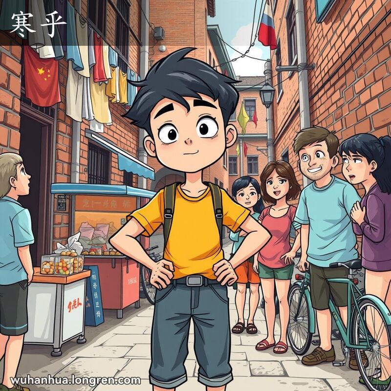 一位年轻的武汉市民站在传统巷子里，面对一群人，表情自信无畏，背景有小摊贩和自行车，远处是长江。