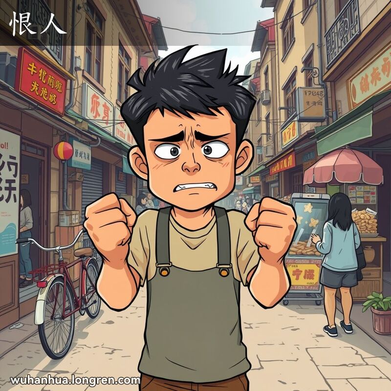 一位站在武汉老街上的人，显得非常愤怒，皱着眉头，握紧拳头，目光盯着画面外的某个让他非常恼火的事物。