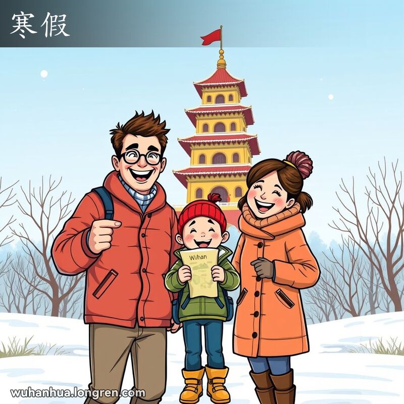 一个三口之家在黄鹤楼前度假，背景是冬季雪景，表现寒假的欢乐气氛