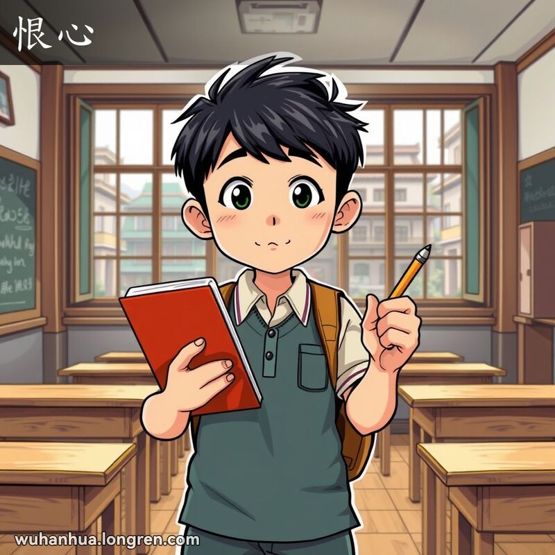 一位武汉学生在传统教室中专注学习，背景是武汉老建筑，表现出“恨心”的决心。