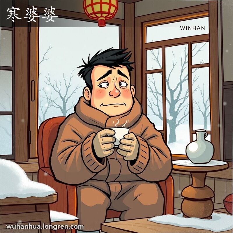 一位武汉市民在寒冷的冬天，穿着厚厚的衣服，坐在窗边，手捧热茶，望着窗外的雪景，表情显得不适和厌冷，背景是寒冷的冬季景象。