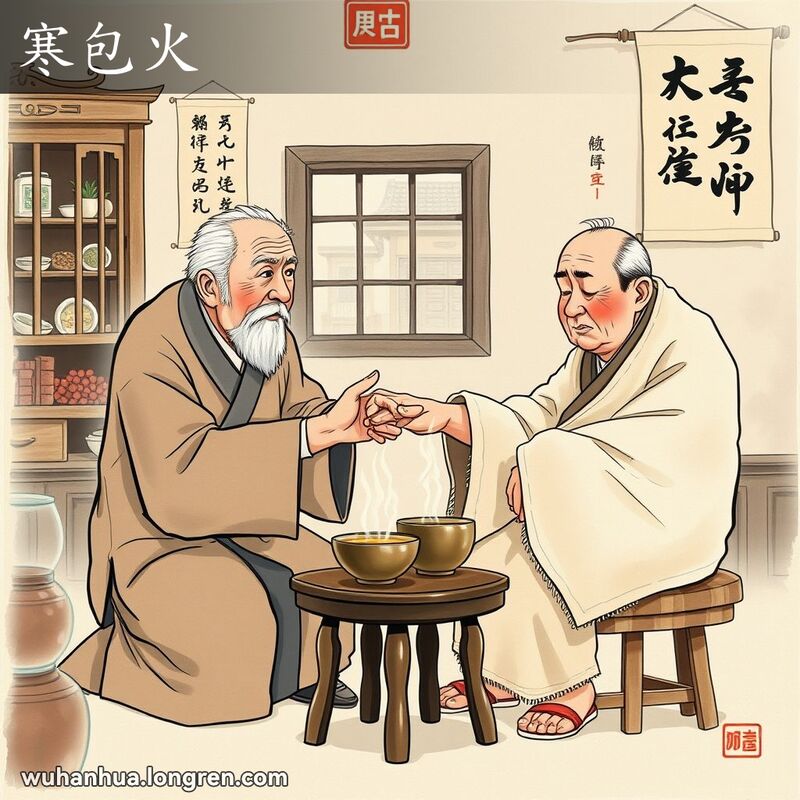 中医师在武汉诊所为感冒发炎的病人诊断，病人裹着毯子，旁边有草药汤，背景是中药柜和老街景