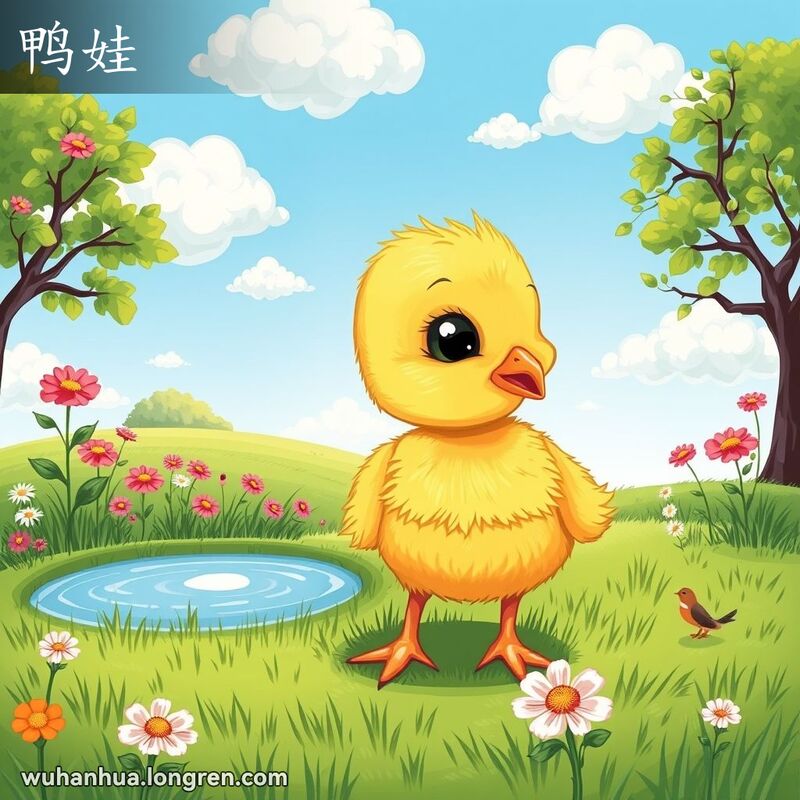 一只刚孵出的小鸭子站在草地上，背景是小池塘和花草树木