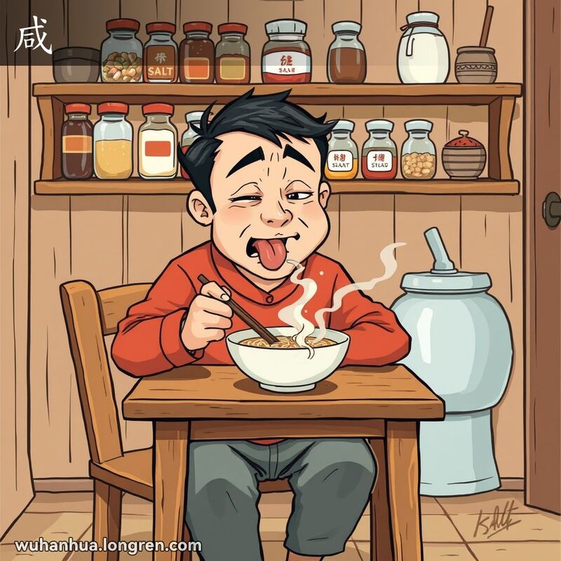 一位武汉市民在厨房里喝汤，因为汤太咸而露出夸张的不适表情，背景是传统厨房和调料罐。