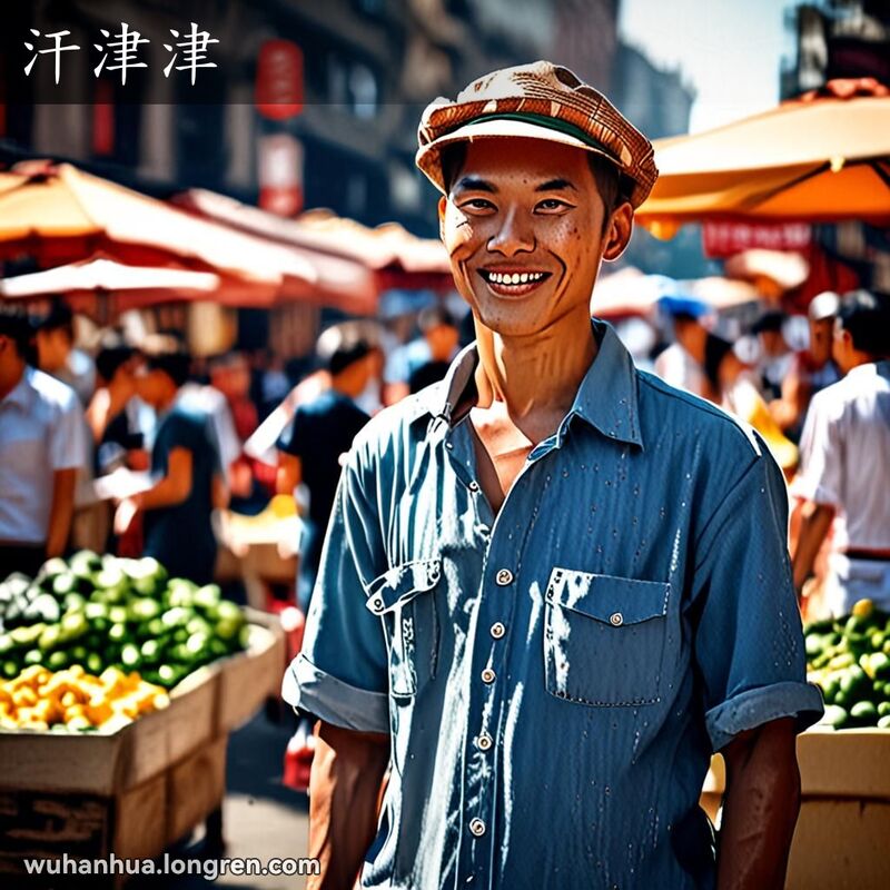 一位年轻人在武汉街头的炎热夏日中微微出汗，背景是繁忙的街市和传统的红砖墙。