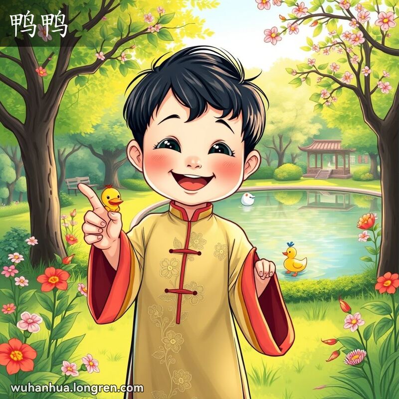 一个穿着传统中国服装的幼儿，手持小鸭玩具，站在绿意盎然的公园中，背景是一个鸭子游泳的池塘，孩子开心地微笑着，指着手中的小鸭玩具。