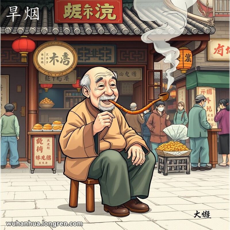 一位武汉老人坐在茶馆前的小木凳上，手持长杆旱烟袋，悠闲地吸着烟，背景是繁忙的武汉老街。