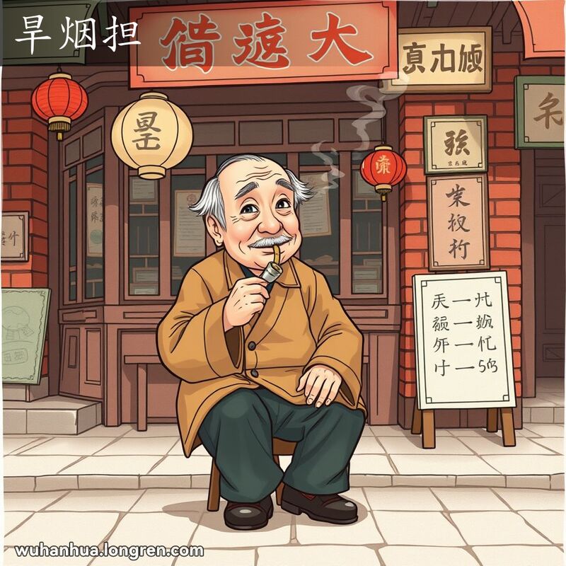 一位武汉老人坐在茶馆前的小木凳上，手持旱烟袋吸烟，背景是武汉老街景