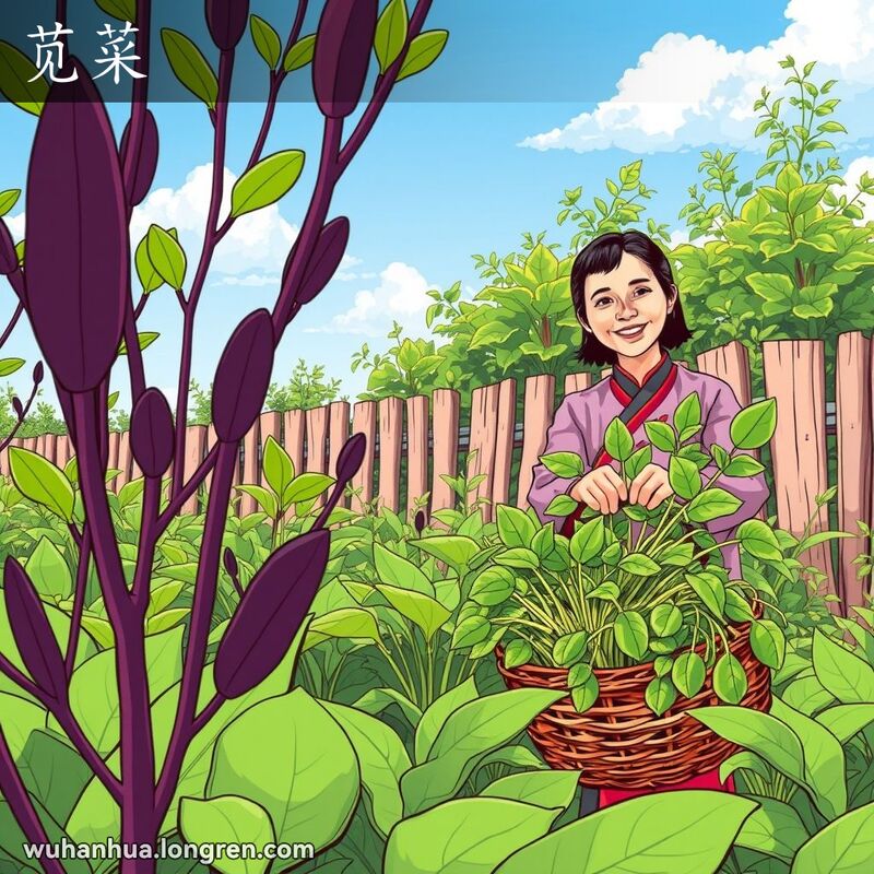 一种名为苋菜的草本植物，茎细长，叶椭圆，颜色为暗紫色或绿色，花为绿白色，种子为黑色。背景中，一位武汉当地人手持装满新鲜苋菜叶的篮子，面带微笑。
