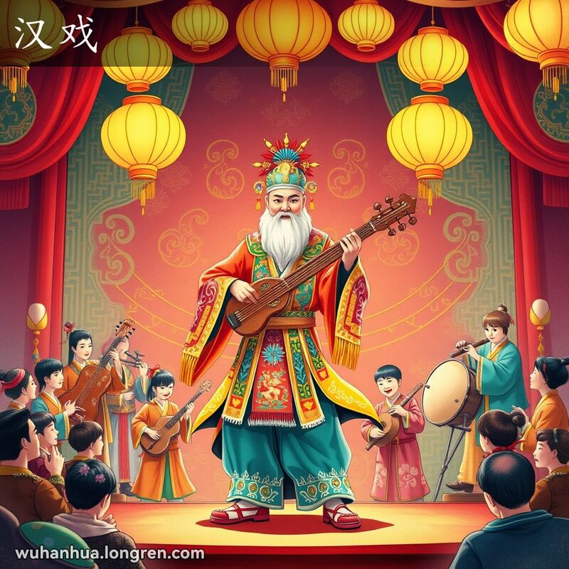 汉剧演员在舞台上表演，背景有传统乐器和观众，色彩鲜艳，动感十足