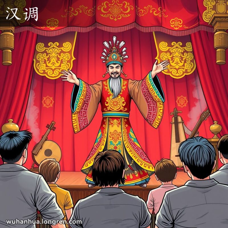 一位汉剧演员在传统戏剧舞台上表演，背景有二胡和琵琶，观众席上有现代装扮的观众。