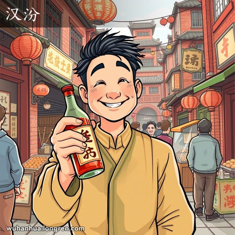 一位武汉男子在老街上手持汉汾酒，背景是武汉老街景