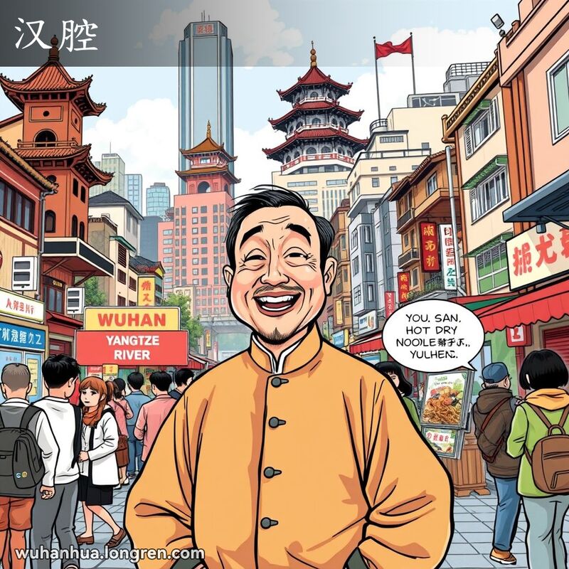 一位武汉市民在街头与朋友交谈，表情和手势夸张，背景有黄鹤楼和长江大桥，街边小贩售卖热干面和鸭脖。
