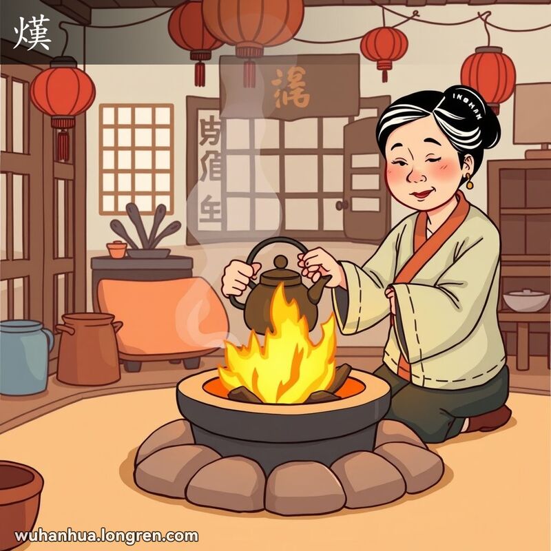 一位中年妇女在传统武汉家庭的火塘旁，小心翼翼地将一壶水放在火上慢慢加热，背景有红灯笼和木质家具等传统装饰