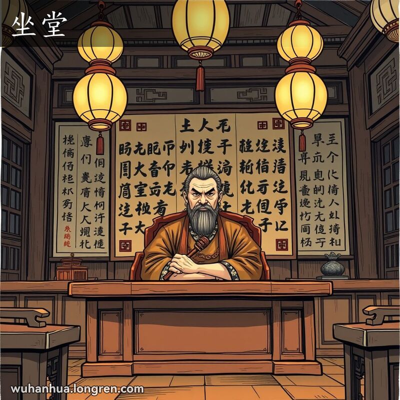 一位古代中国官员坐在法庭大桌子后面，手持木槌，表情严肃，背景是装饰有书法的屏风