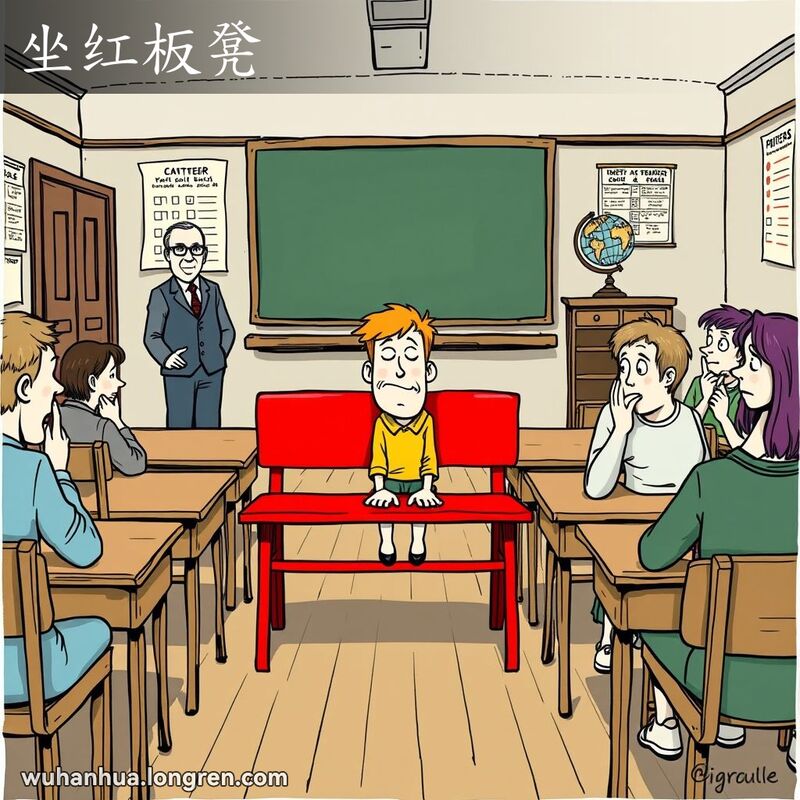 一个学生坐在教室后排的红色长凳上，显得失落和尴尬，其他学生在窃窃私语和指指点点，老师站在讲台前表情严肃。