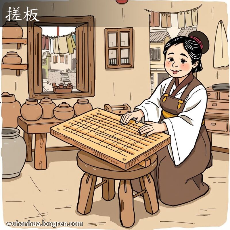 一位妇女在传统武汉家庭中用搓板洗衣服，背景是古朴的厨房和武汉老街景