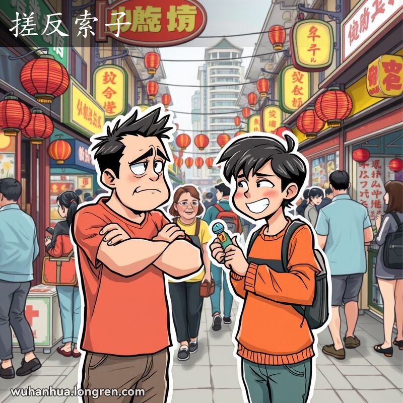 两个人在武汉街头市场上对峙，一个人显得沮丧，另一个人带着狡黠的笑容，手持小物件，象征着“唱反调”的行为，背景是热闹的市场摊位和行人。
