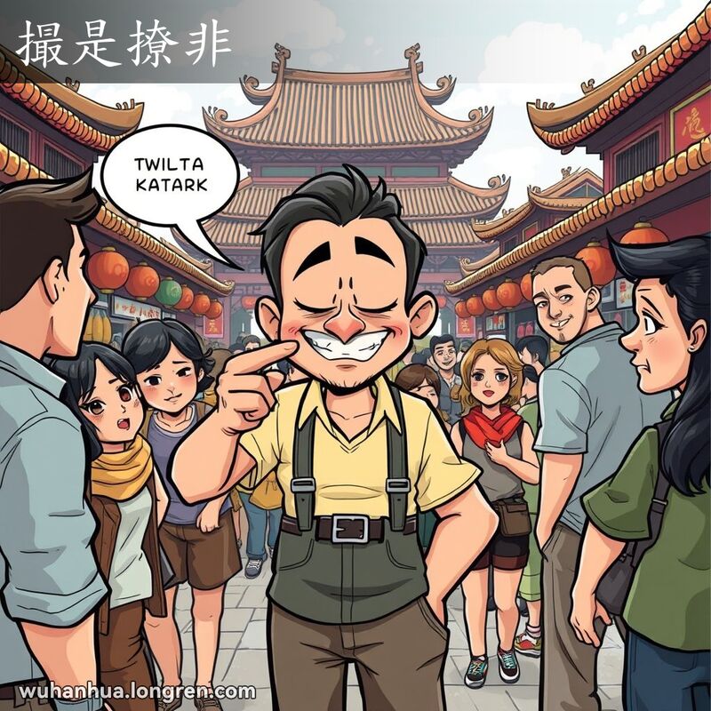 一个男子在武汉市场上挑拨是非，周围的人们露出困惑和不悦的表情，背景是传统的中国建筑和当地摊贩。