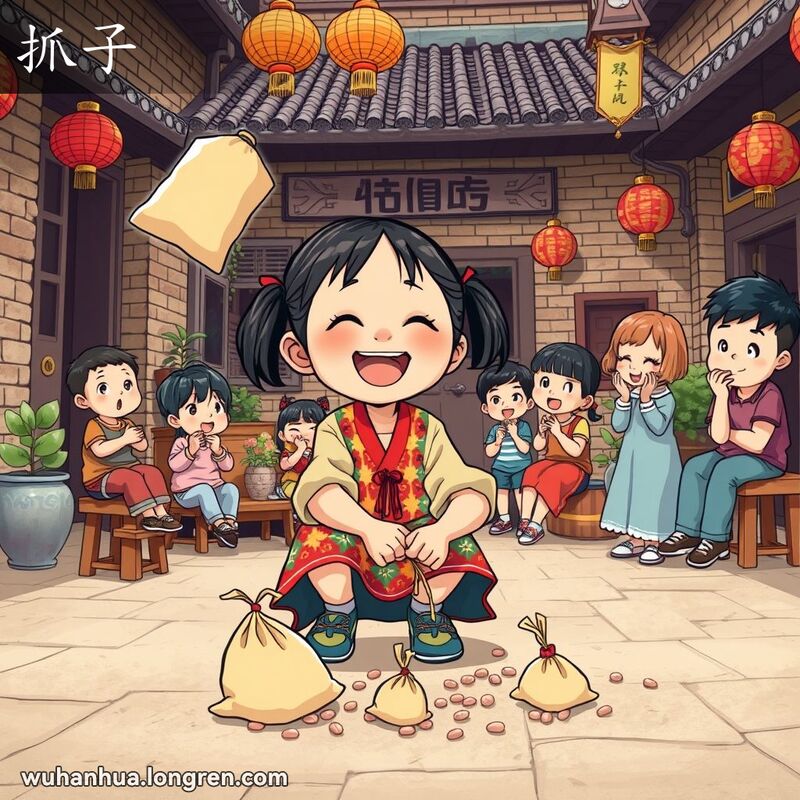 一群孩子在武汉传统庭院中玩抓子游戏，中央的小女孩正在抛接布袋，背景有其他孩子观看和欢呼。