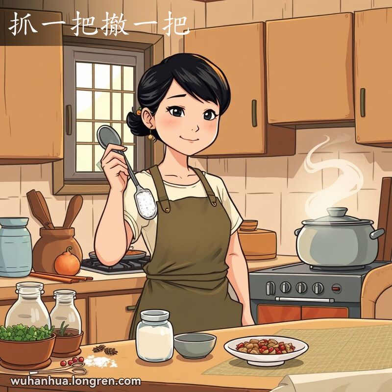 一位武汉妇女在厨房里小心翼翼地取盐，背景是温馨的家庭餐桌和冒着热气的锅
