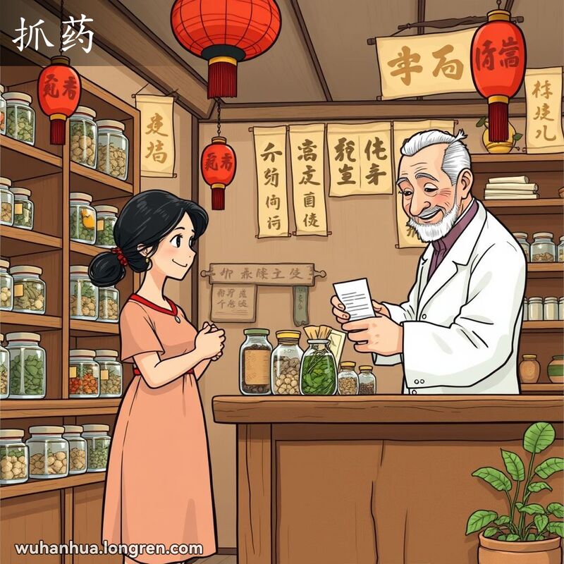 一位中年妇女在中药店里，药剂师正在为她配药，背景是传统的中药店装饰