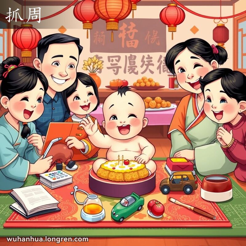 婴儿在周岁庆祝活动中抓取象征性物品，家人们满怀期待地观看，背景是传统的节日氛围
