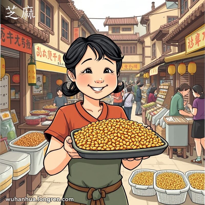 一位武汉女子在街市摊位前展示新鲜烤制的芝麻，背景是热闹的街市场景