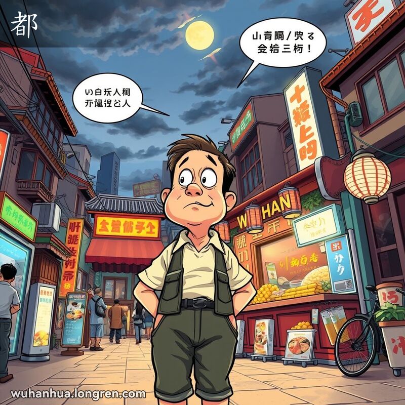 一位中年男子站在武汉街头小餐馆前，望着渐暗的天空，露出惊讶的表情，背景有老旧和现代建筑混合。